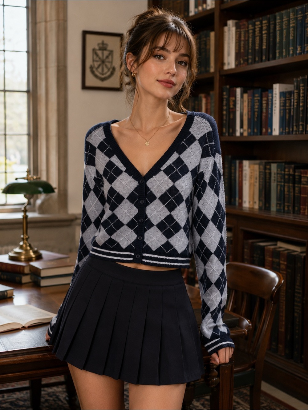 ABOUND Argyle Navy Blue Preppy Academia Button Front Cardigan Size XS